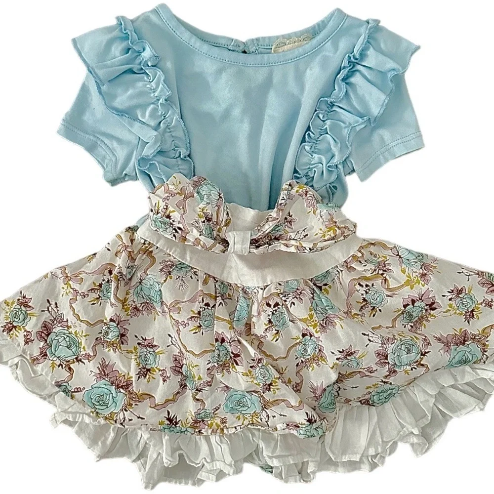 Baby Girl 12 M Ruffle Floral Twirl Tiered Skirt & Matching Ruffle Shirt Set